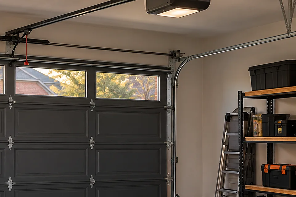 Curved track and side bracket at the edge of a garage door with the opener beyond, garage door cable repair in Carrollton, Texas