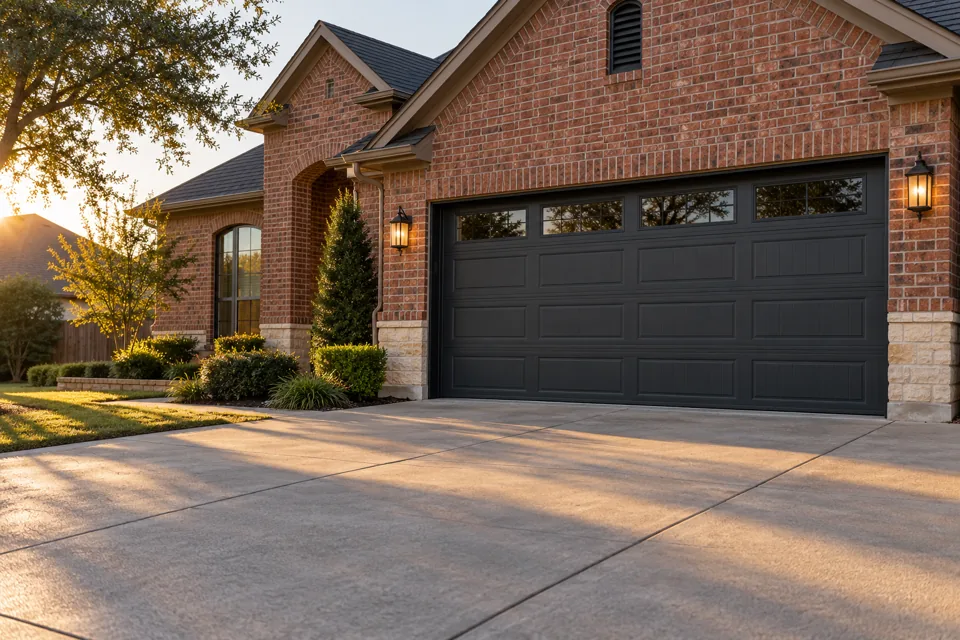 Charcoal sectional garage door on a red-brick suburban home