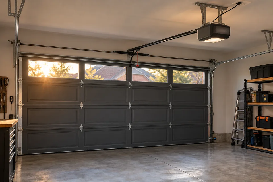 Garage door opener and rail in a residential garage